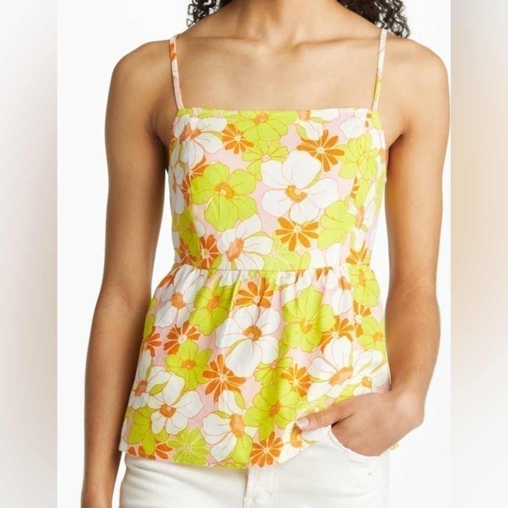 New SANCTUARY Sunny Days Retro Floral Print Linen Blend Open Back Tank Top | S
